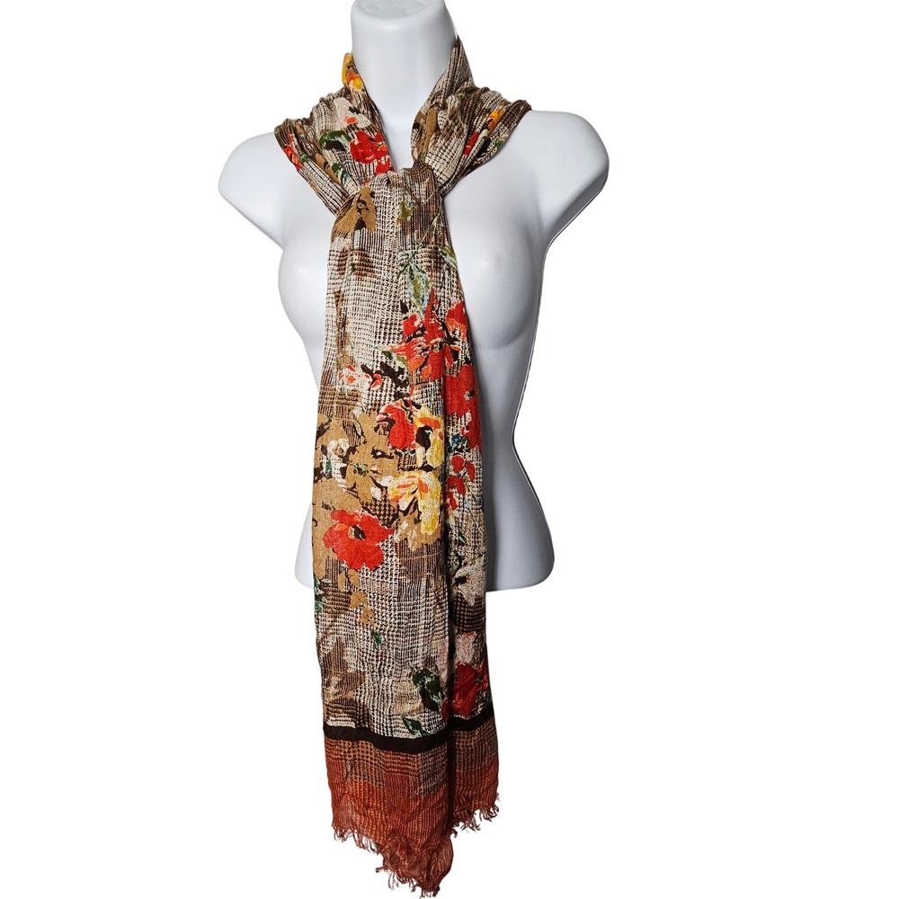 Talbots Womens Floral Glen Plaid Fringe Scarf 74x20 Brown Rust Fall Cottagecore